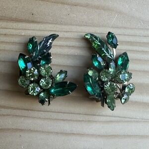 Vintage Juliana Clip Earrings 1.75 Inch Green Crystals Iridescent Gold Filigree